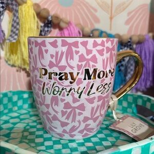 Pink "Pray More Worry Less" Ceramic Mug with Gold Handle